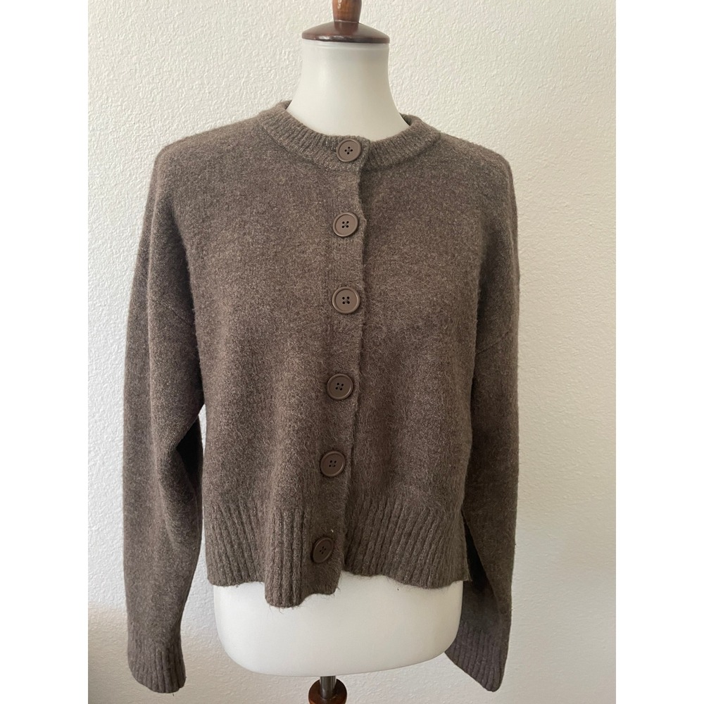 Zara Cropped Cardigan Sweater Women L Brown Fuzzy Minimalist Quiet Luxury